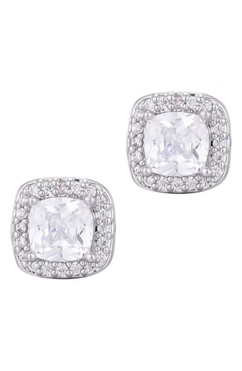 Cubic Zirconia Halo Cushion Stud Earrings