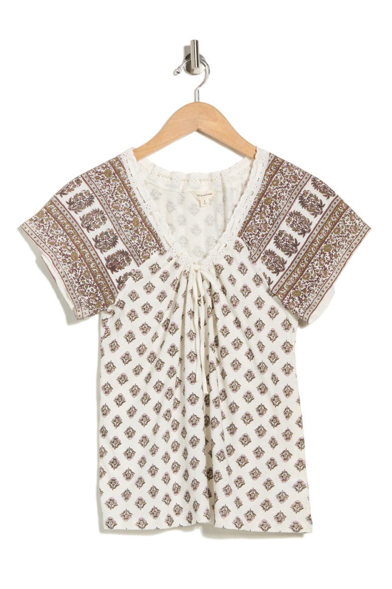 Tie V-Neck Short Sleeve Top, Alternate, color, CREAM MULTI