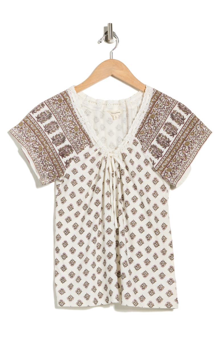 Lucky Brand Tie V-Neck Short Sleeve Top, Alternate, color, Cream Multi