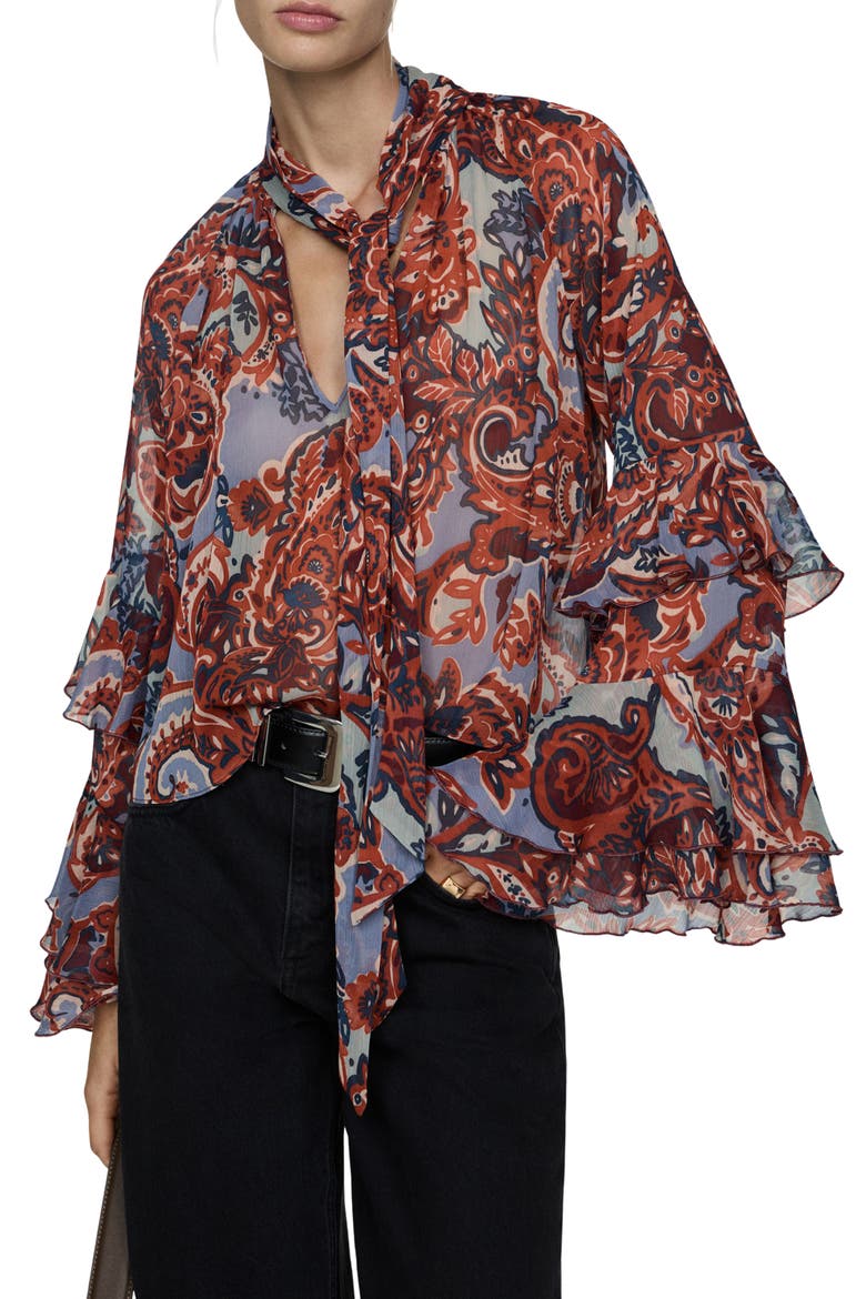 Ruffle Paisley Print Top, Main, color, BROWN
