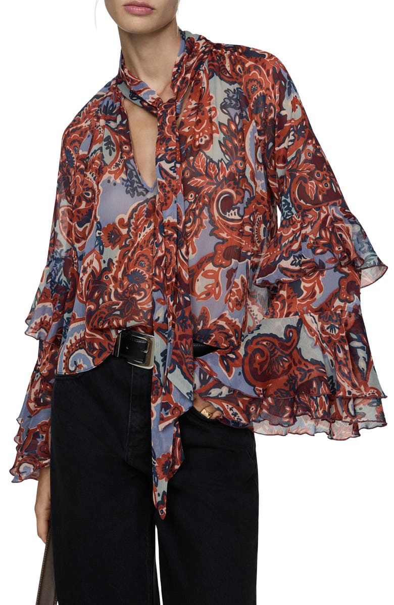 MANGO Ruffle Paisley Print Top, Main, color, 