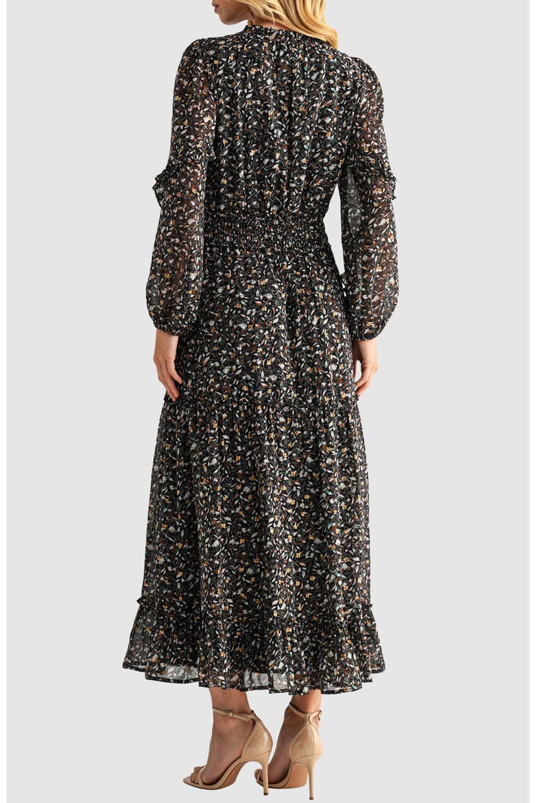 Floral Print Tie Neck Long Sleeve Maxi Dress, Alternate, color, BLACK FLORAL