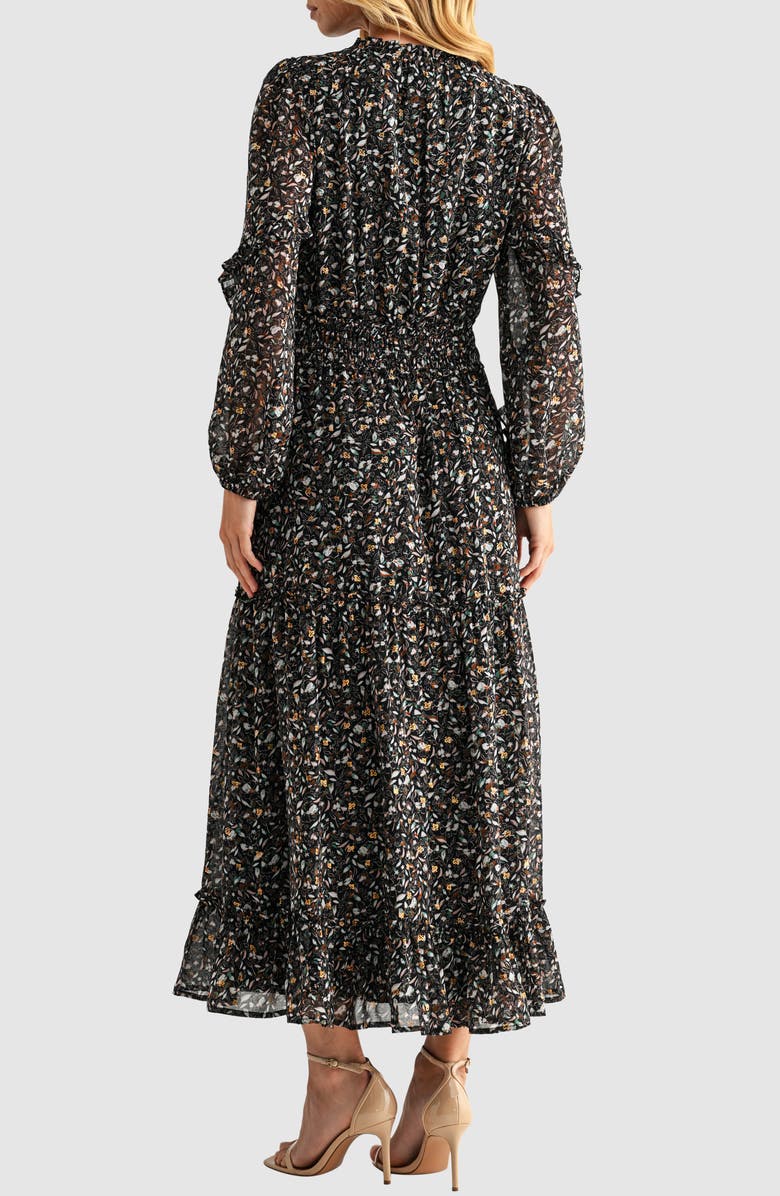 Mila Mae Floral Print Tie Neck Long Sleeve Maxi Dress, Alternate, color, Black Floral