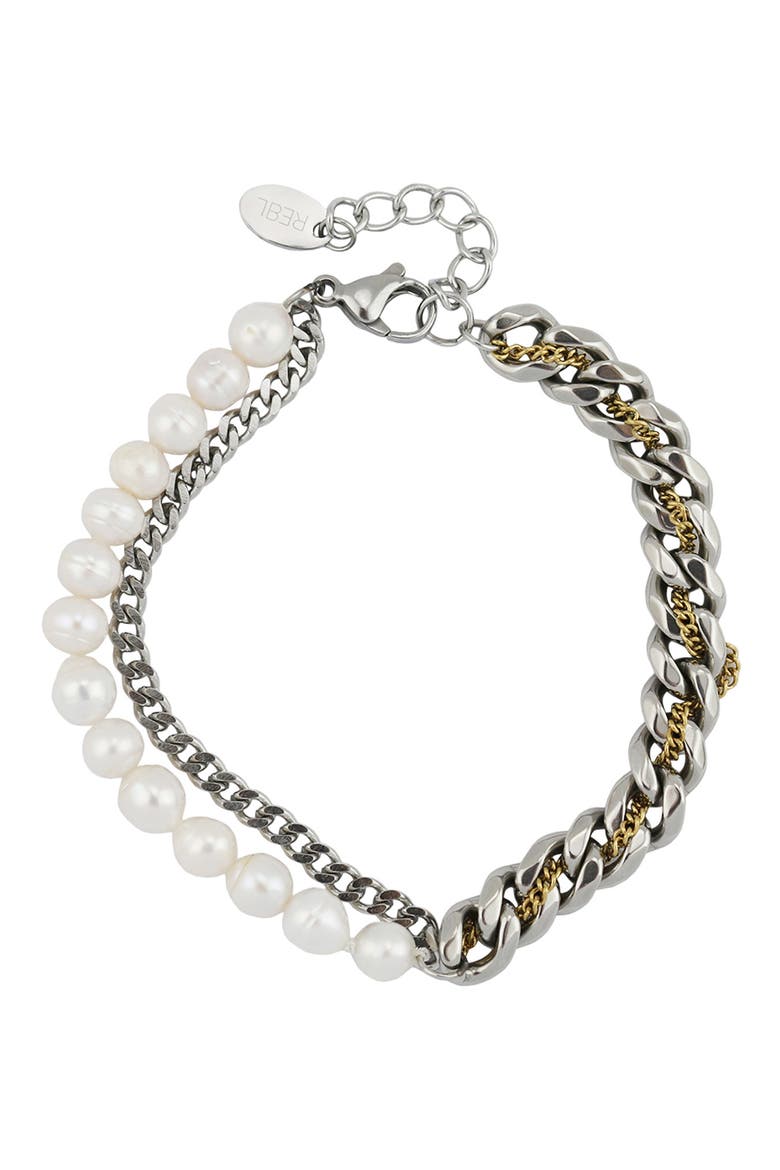 Gender Inclusive Faux Pearl Curb Link Layered Bracelet, Main, color, SILVER
