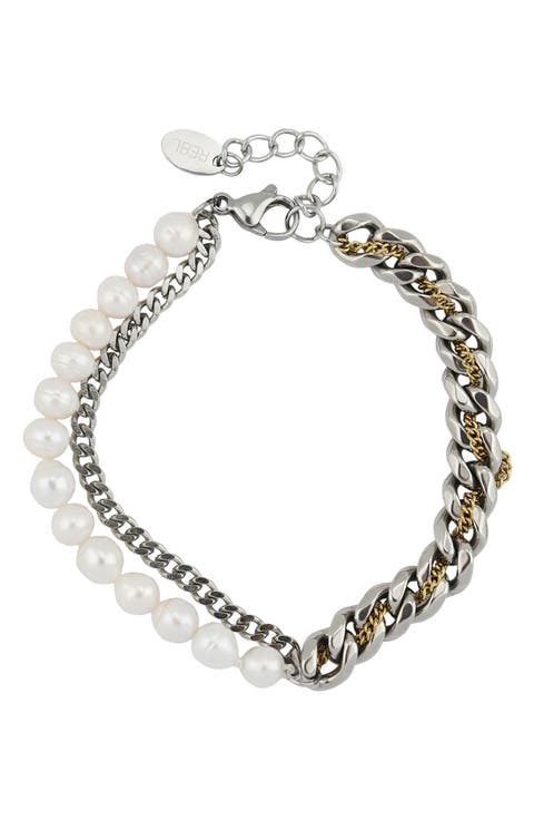 Gender Inclusive Faux Pearl Curb Link Layered Bracelet