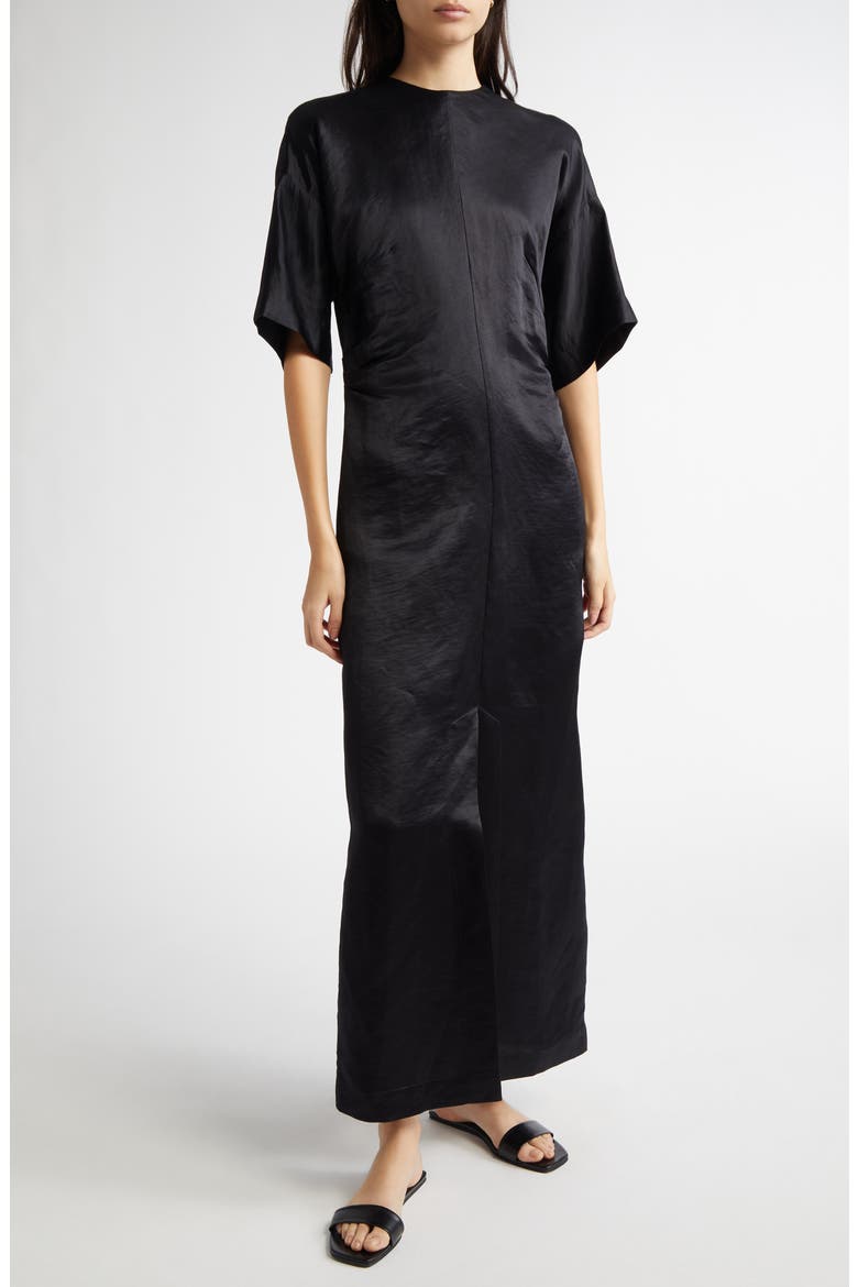 Ruby Fitted Linen & Silk Satin Dress, Alternate, color, BLACK