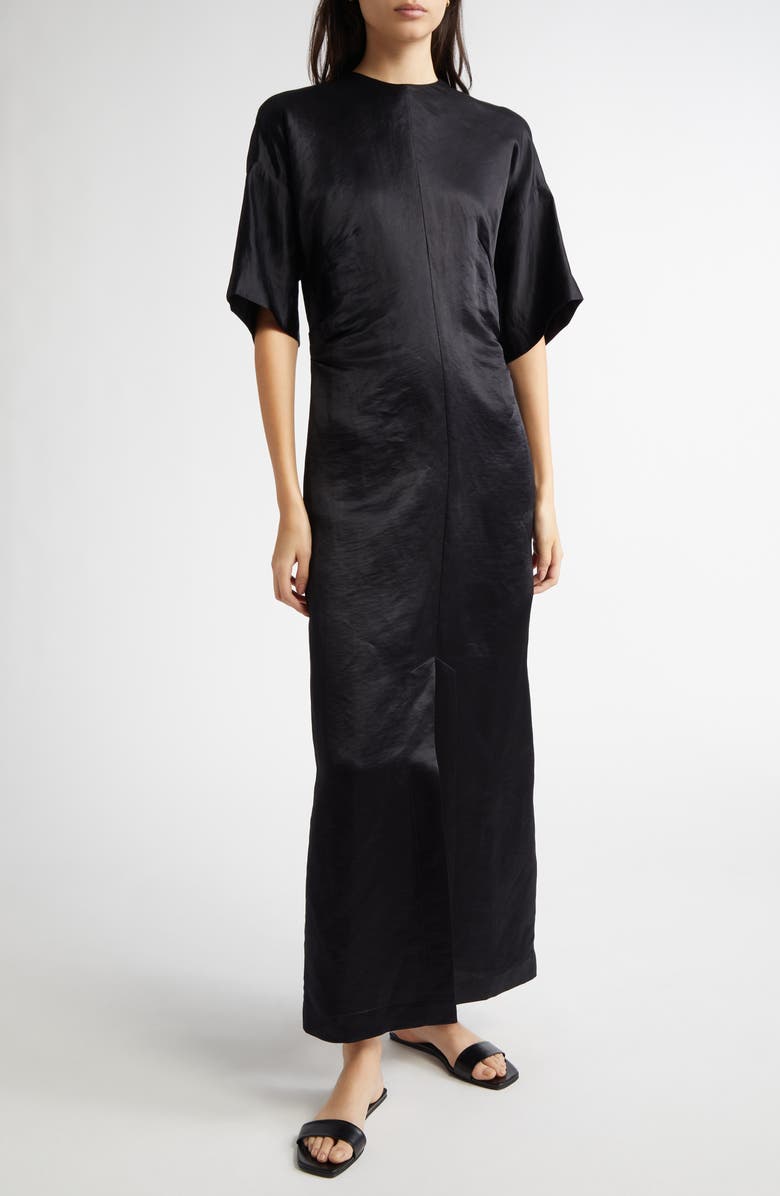 LOULOU DE SAISON Ruby Fitted Linen & Silk Satin Dress, Alternate, color, Black