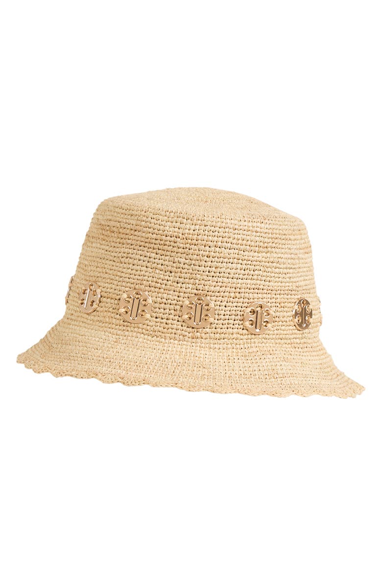 Bruno Magli Straw Crochet Trim Bucket Hat, Alternate, color, 