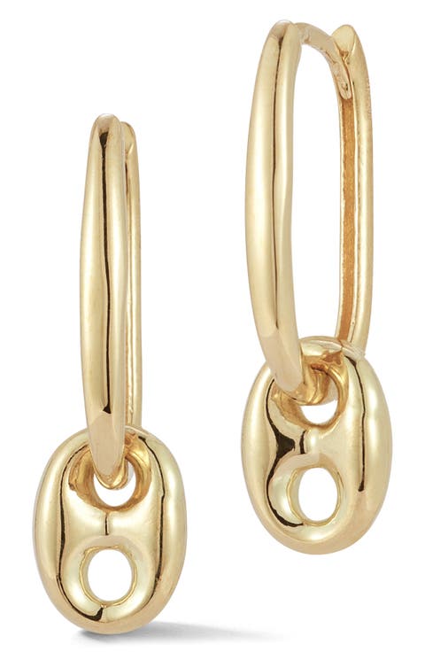 14K Yellow Gold Mariner Link Drop Huggie Hoop Earrings