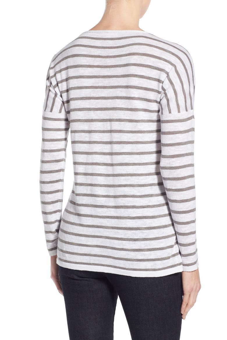 Stripe Organic Linen & Cotton V-Neck Sweater, Alternate, color, WHITE/ SMOKE