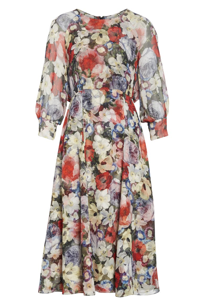 Poppy Collage Floral Silk Midi Dress, Alternate, color, BLACK / MULTI