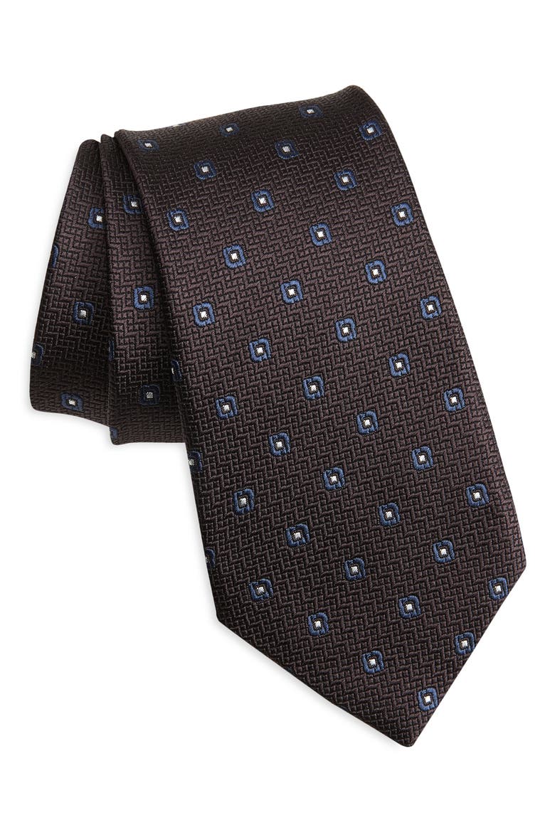 Geometric Silk Tie, Main, color, DARK BROWN FAN
