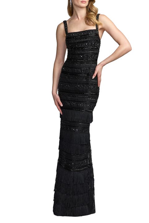 Geometric Embellished Gown With Fringe