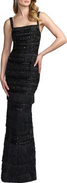 Mac Duggal Geometric Embellished Gown With Fringe
