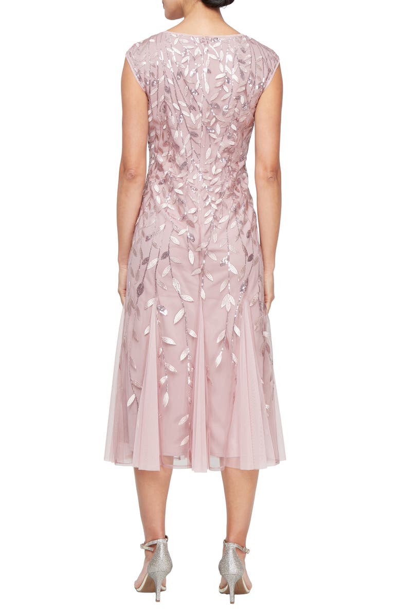 Alex Evenings Sequin Leaf Embroidery Cocktail Midi Dress, Alternate, color, Rose
