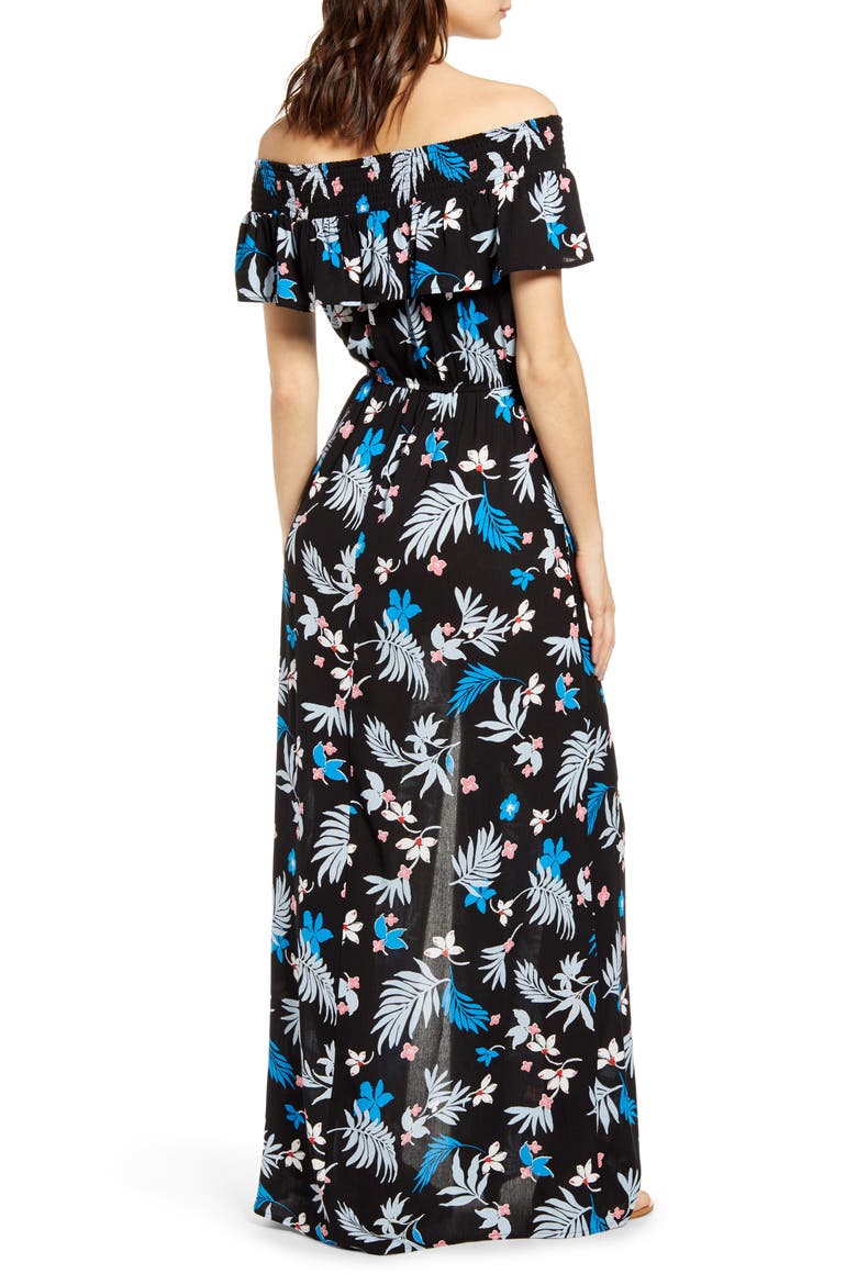 Floral Print Off the Shoulder Maxi Dress, Alternate, color, BLACK/ LIGHT BLUE