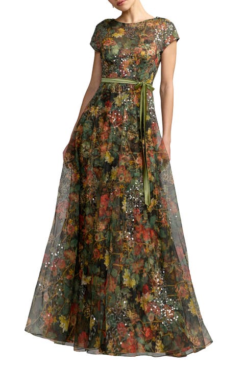Petite Floral Sequin Belted A-line Gown