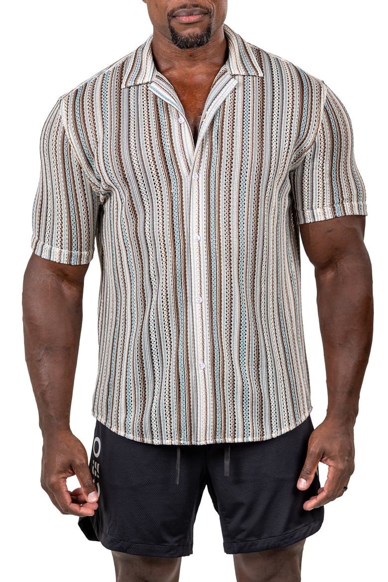 Marthy Knit Short Sleeve Button-Up Shirt, Main, color, BROWN