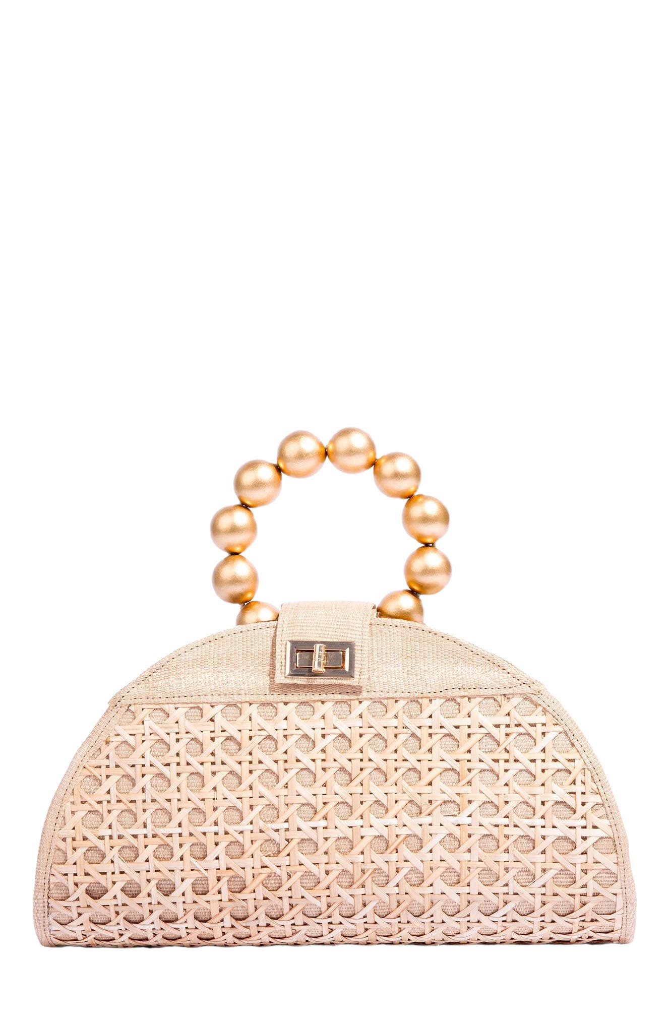 Soli & Sun THE ISABELLA Tan Rattan Solihiya Weave and Gold Bead Top Handle Statement Bag in Tan & Gold 