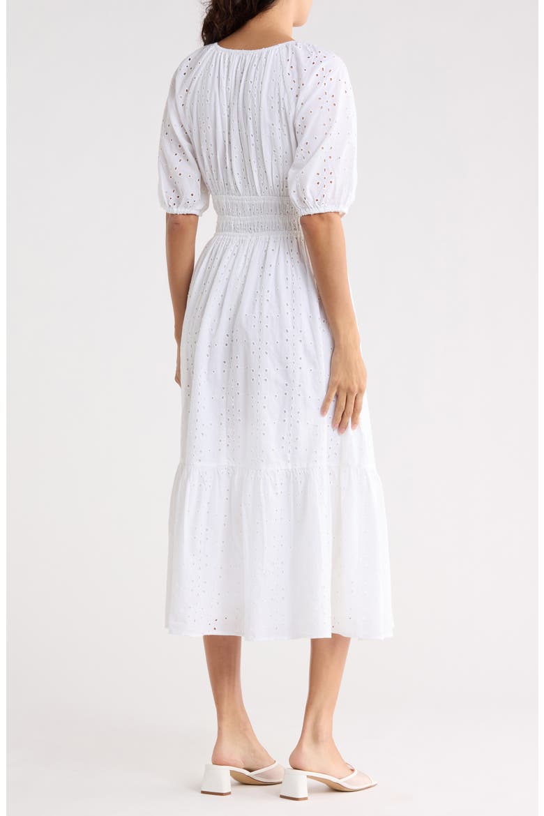 Eyelet Shirred Midi Dress, Alternate, color, WHITE