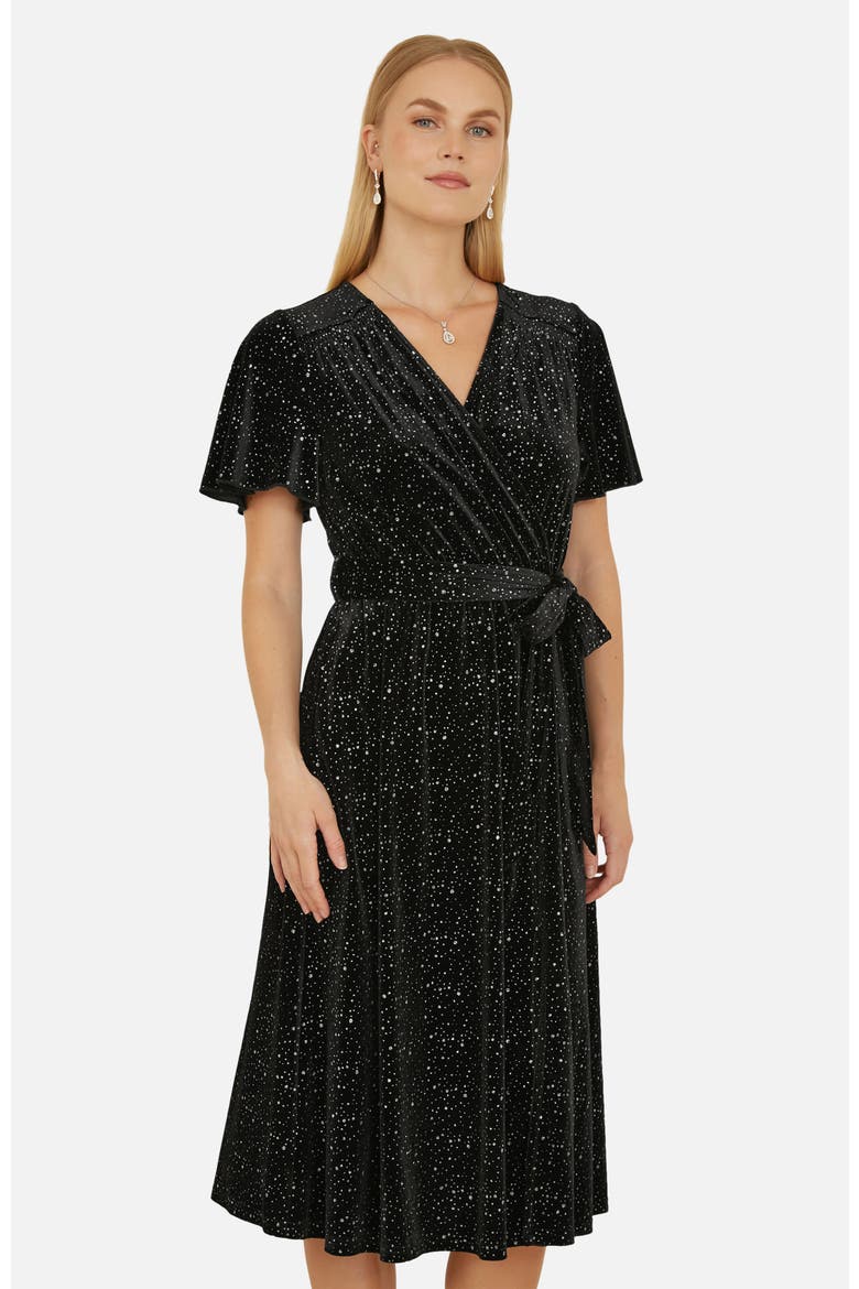 Velvet Sparkle Wrap Midi Dress, Alternate, color, Black