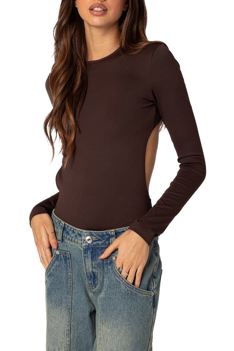 Neta Back Cutout Long Sleeve Bodysuit, Alternate, color, BROWN