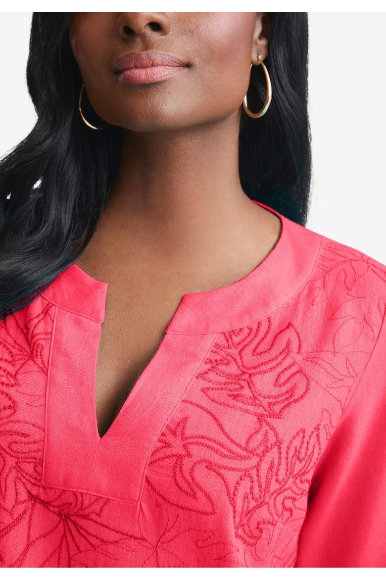 Linen V-Neck Embroidered Tunic, Alternate, color, RASPBERRY LEAF EMBROIDERY