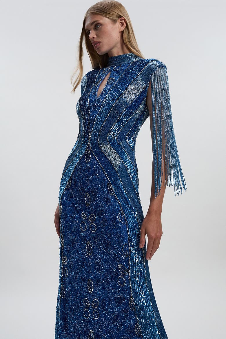 Petite Beaded Cap Sleeve Maxi Dress, Alternate, color, Blue