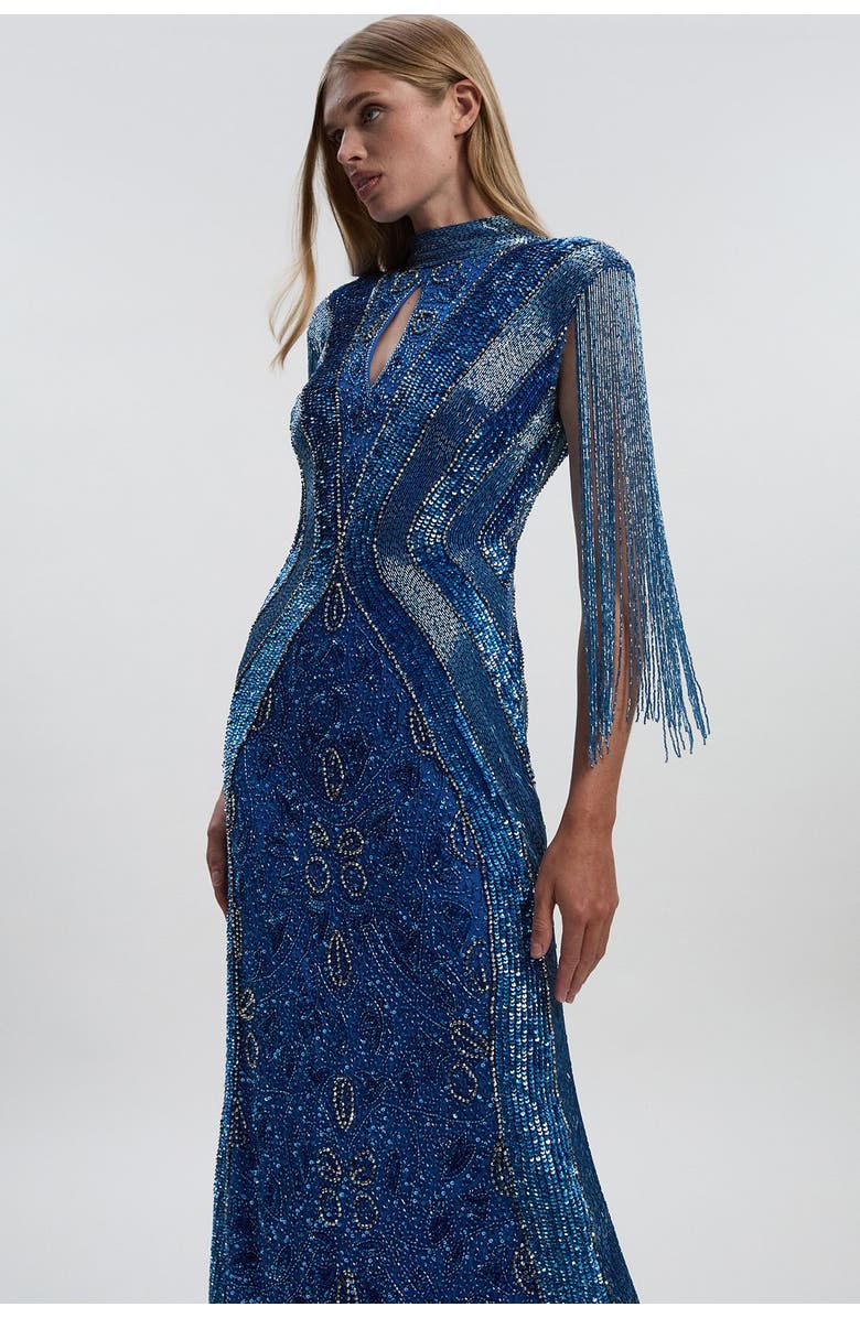 Karen Millen Petite Beaded Cap Sleeve Maxi Dress, Alternate, color, Blue