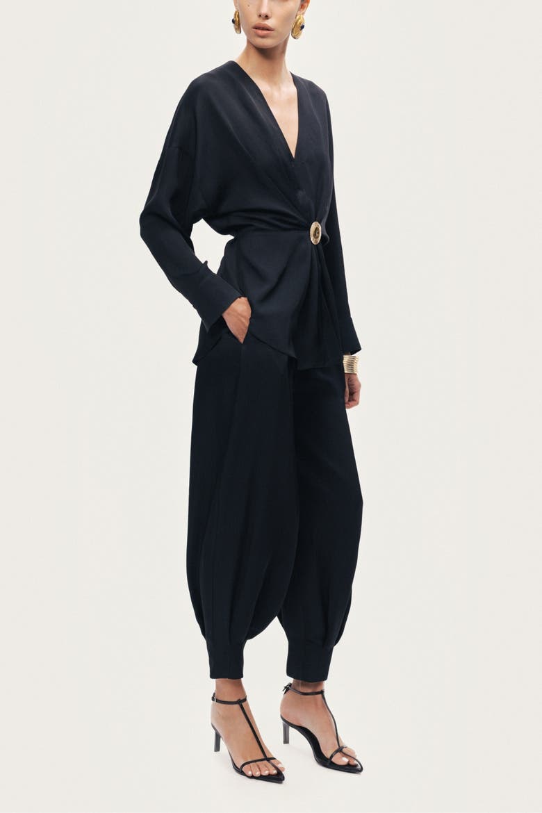 Draped Buckle-Detail Shirt, Alternate, color, Black