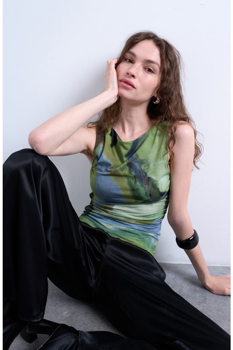 Abstract Print Ruched Tank, Alternate, color, MEDIUM GREEN