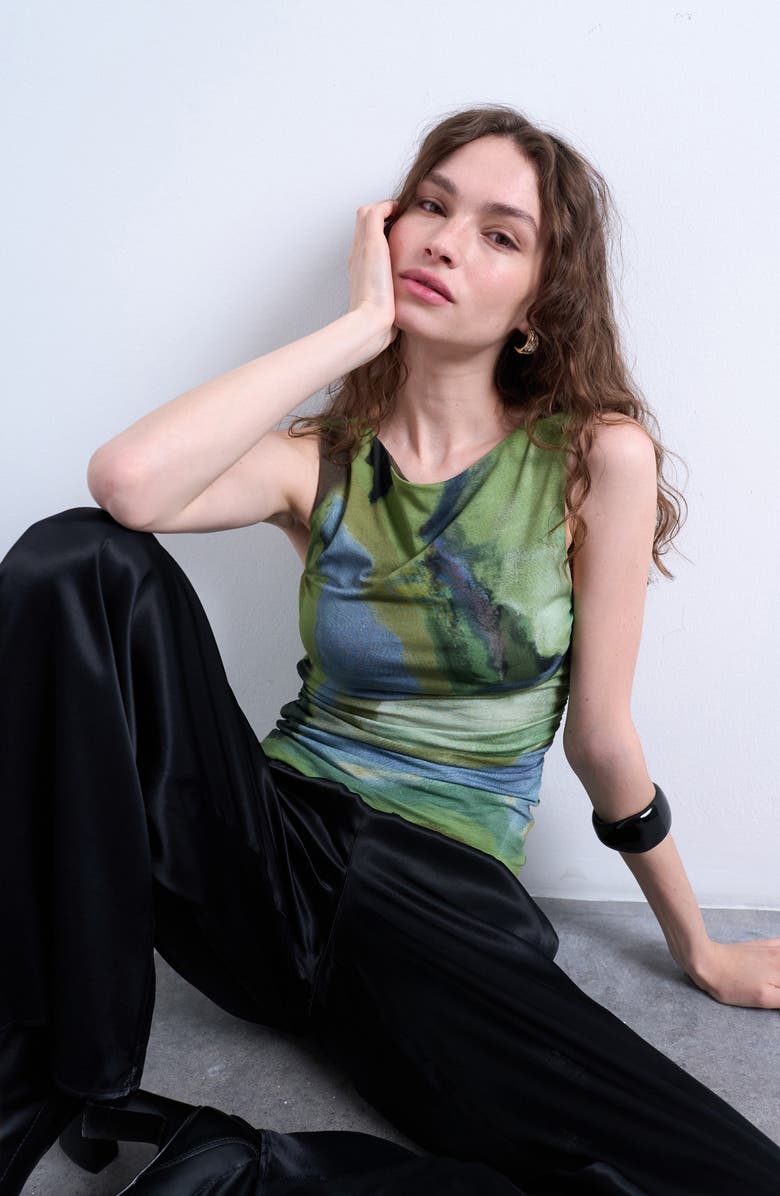 Topshop Abstract Print Ruched Tank, Alternate, color, Medium Green