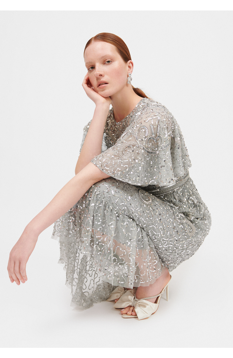 BEAUUT Embellished Sequin Beaded Midi Dress, Alternate, color, Light Grey