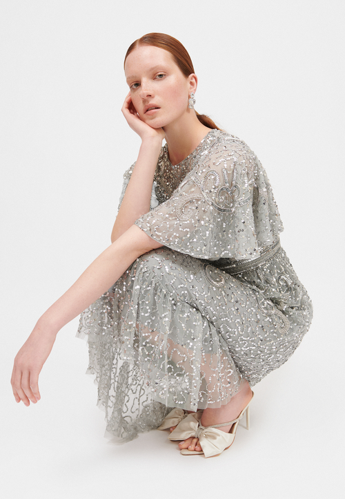 Beauut Embellished Sequin Beaded Midi Dress In Gray