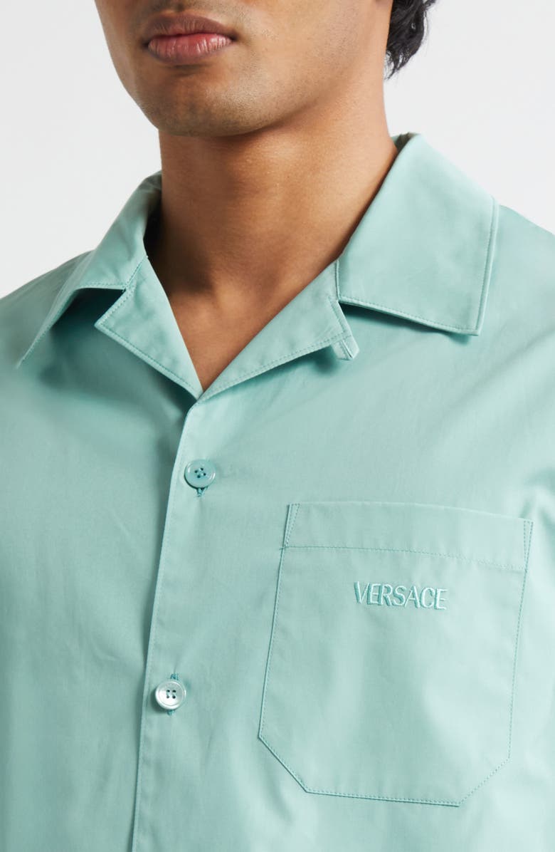Versace Coral Theater Cotton Poplin & Silk Camp Shirt, Alternate, color, Sea Green Dark Sea Green
