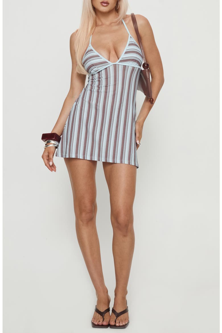 Mishie Stripe Halter Minidress, Main, color, BLUE / BROWN STRIPE