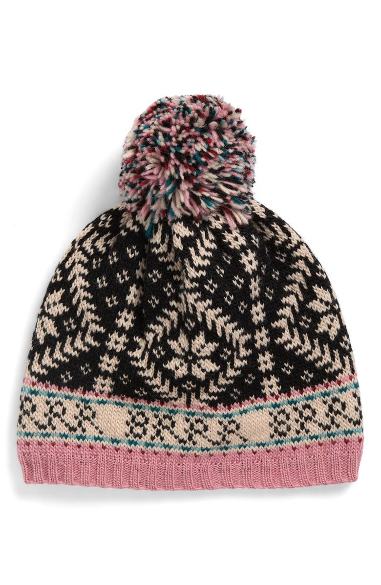 FRENCH KNOT Nordic Print Pompom Wool Beanie, Main, color, Black
