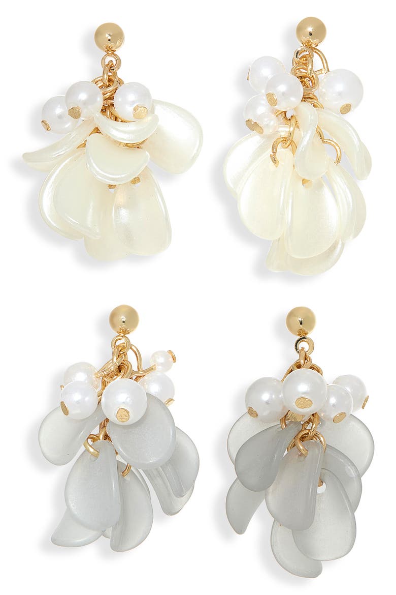Set of 2 Faux Pearl & Petal Shaky Drop Earrings, Main, color, BLUE/ IVORY