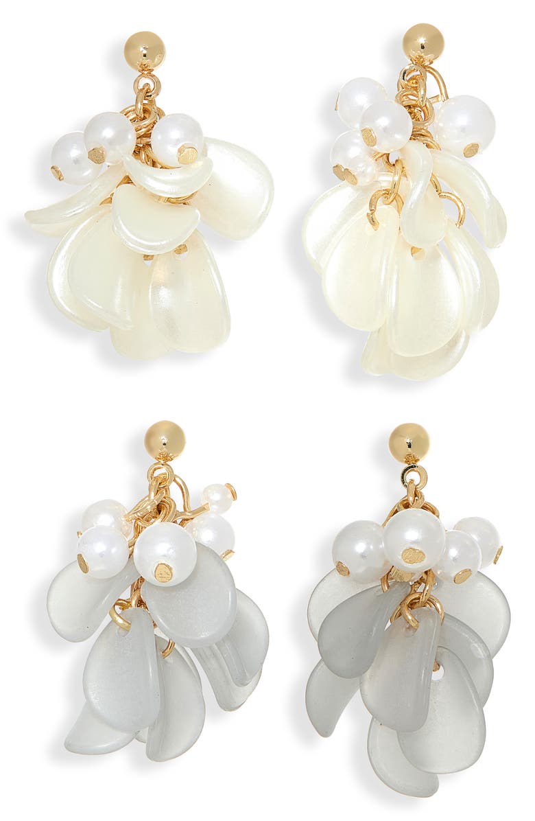 NATASHA Set of 2 Faux Pearl & Petal Shaky Drop Earrings, Main, color, Blue/ Ivory