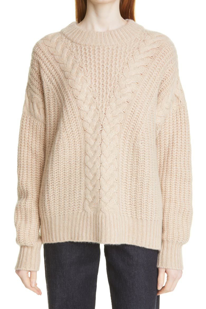 V-Cable Cashmere Crewneck Sweater, Main, color, LIGHT TAN