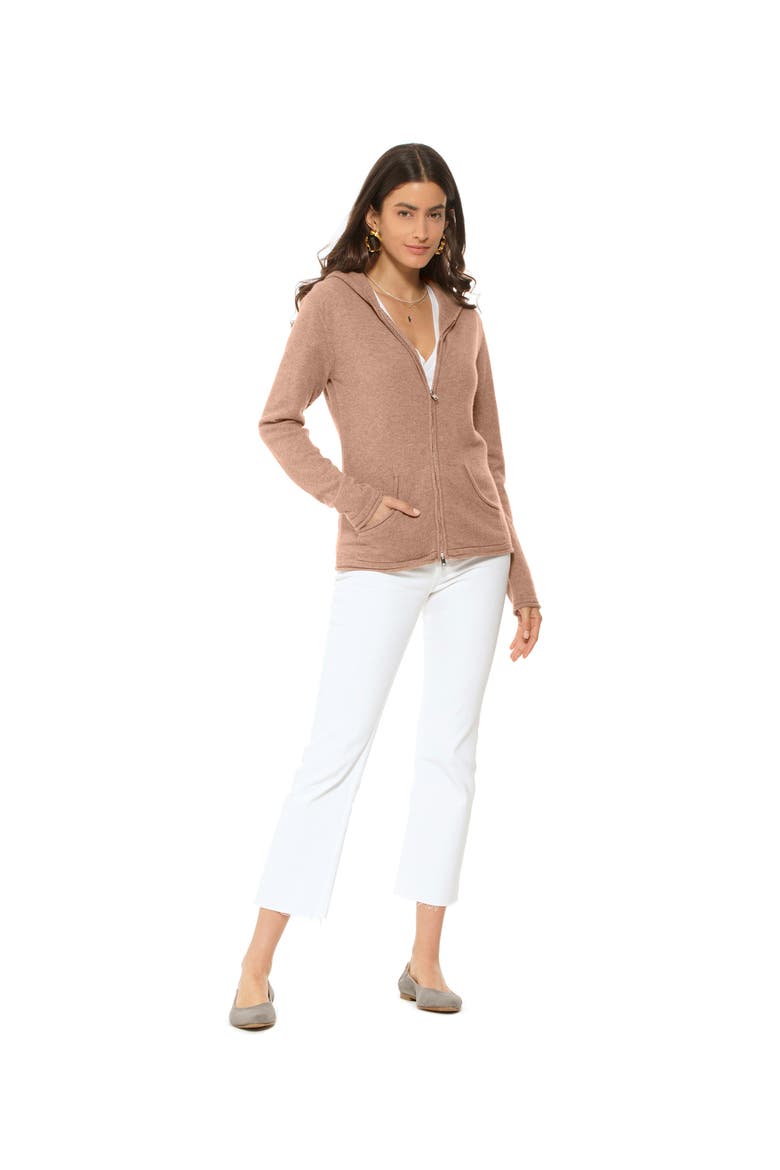 Pure Cashmere Double Zip Hoodie Sweater, Alternate, color, Camel
