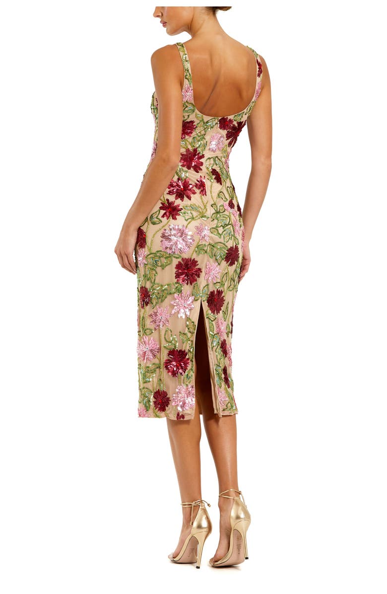 Mac Duggal Women's Floral Beaded Mesh Scoop Neck Fitted Midi Dress, Alternate, color, Nude Multi