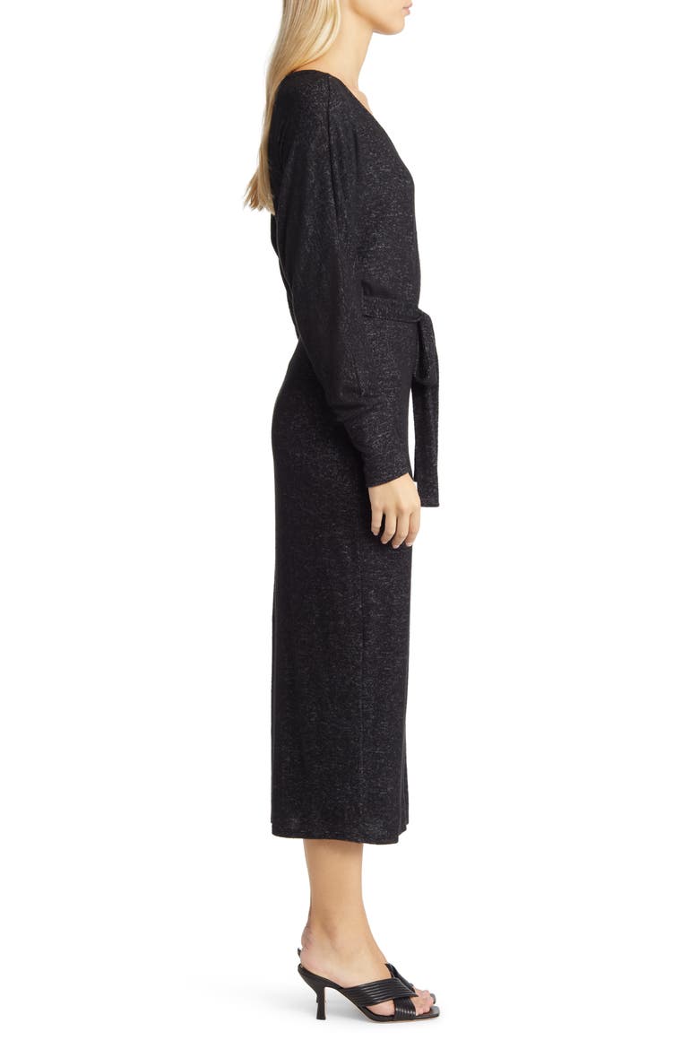 Long Sleeve Faux Wrap Midi Dress, Alternate, color, BLACK