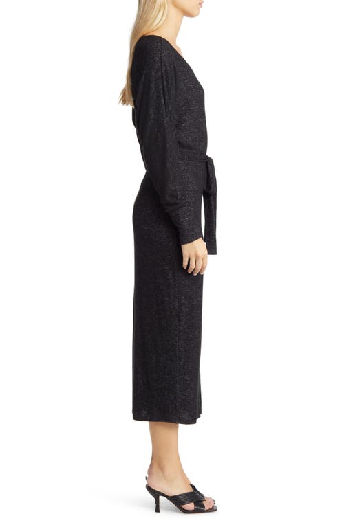Loveappella Long Sleeve Faux Wrap Midi Dress In Black