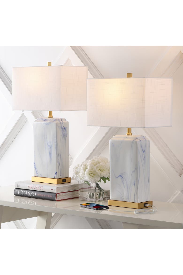 Chloe 24.5" Modern Coastal Iron/Marbled Ceramic LED Table Lamp with USB Charging Port, Blue/White, Alternate, color, Blue/White