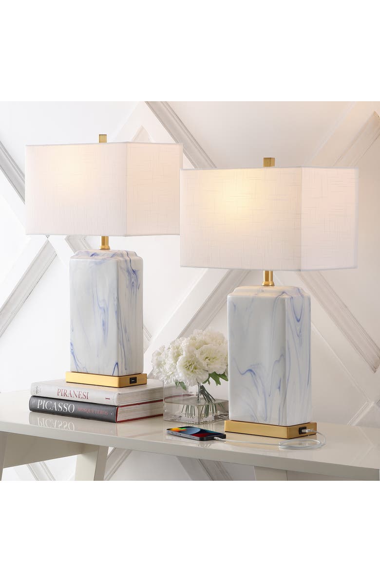 JONATHAN Y Chloe 24.5" Modern Coastal Iron/Marbled Ceramic LED Table Lamp with USB Charging Port, Blue/White, Alternate, color, Blue/White