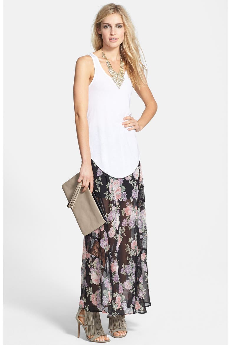 ASTR Lace Inset Floral Maxi Skirt, Alternate, color, BLACK MULTI