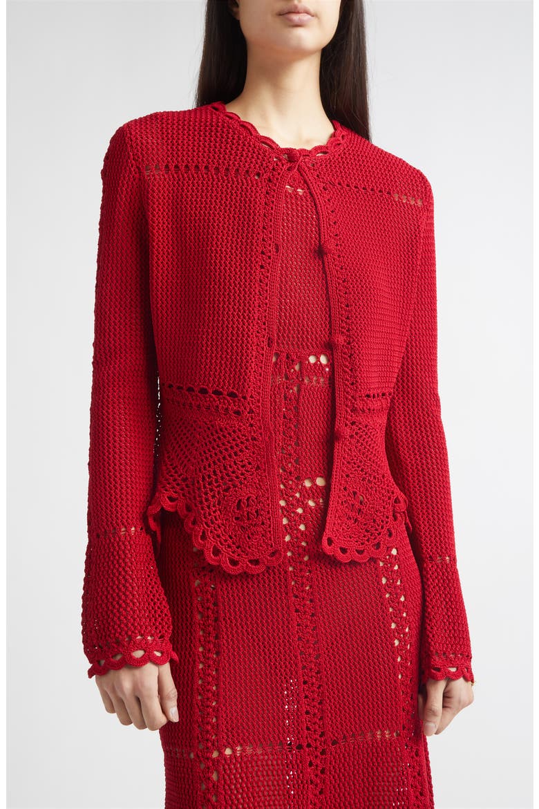 Open Knit Cotton Peplum Cardigan, Alternate, color, RUBY RED