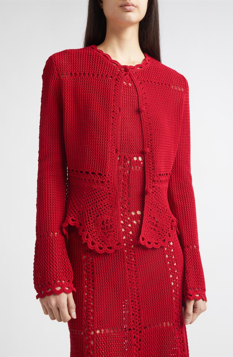 Erdem Open Knit Cotton Peplum Cardigan, Alternate, color, Ruby Red