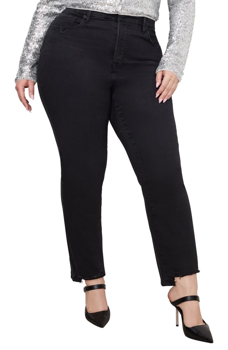 Good American Good Classic Chewed Hem Slim Straight Jeans, Alternate, color, Black361